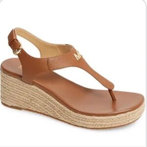 Michael Kors Laney Espadrille Thong Tan Wedge Sandals with Gold Logo